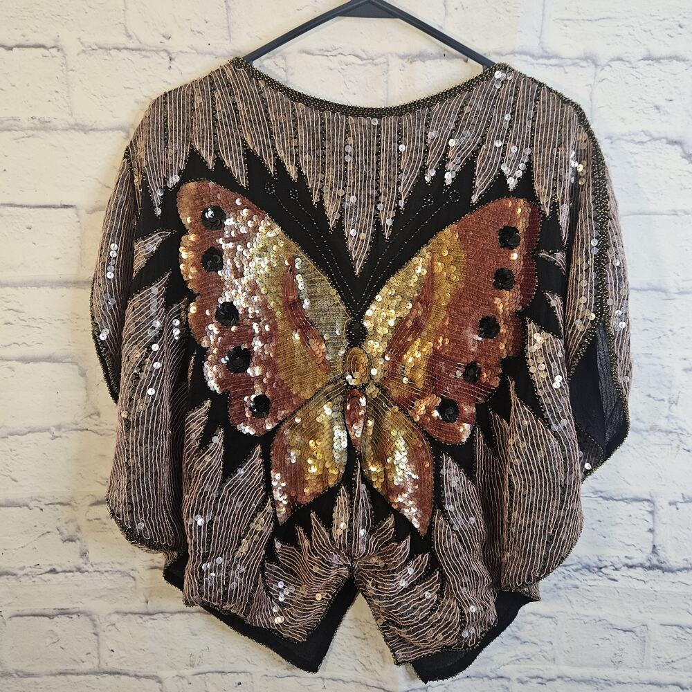 ST.Honore butterflies silk beaded/sequins evening blouse woman size Large?? 80's - Picture 3 of 8